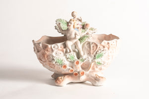 FOOTED TWO CHERUB BISQUE FIGURINE WITH DOUBLE PLANTER