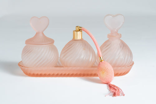 PALE PINK SWIRLED SATIN GLASS VANITY SET