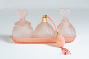 PALE PINK SWIRLED SATIN GLASS VANITY SET