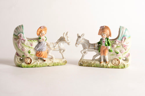 COLONIAL BOY & GIRL WITH DONKEY AND BABY CARRIAGE - PORCELAIN SET