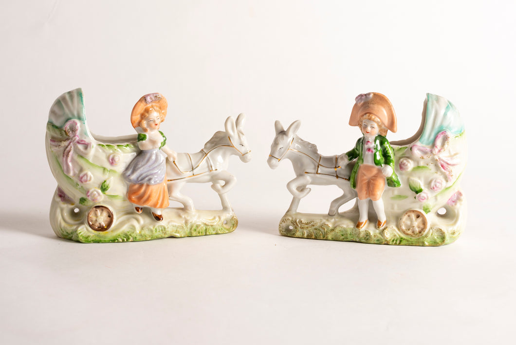 COLONIAL BOY & GIRL WITH DONKEY AND BABY CARRIAGE - PORCELAIN SET