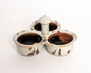 THREE COMPARTMENT STONEWARE CONDIMENT DISH