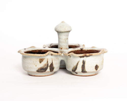 THREE COMPARTMENT STONEWARE CONDIMENT DISH