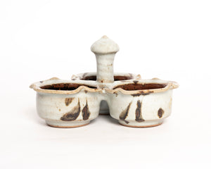 THREE COMPARTMENT STONEWARE CONDIMENT DISH