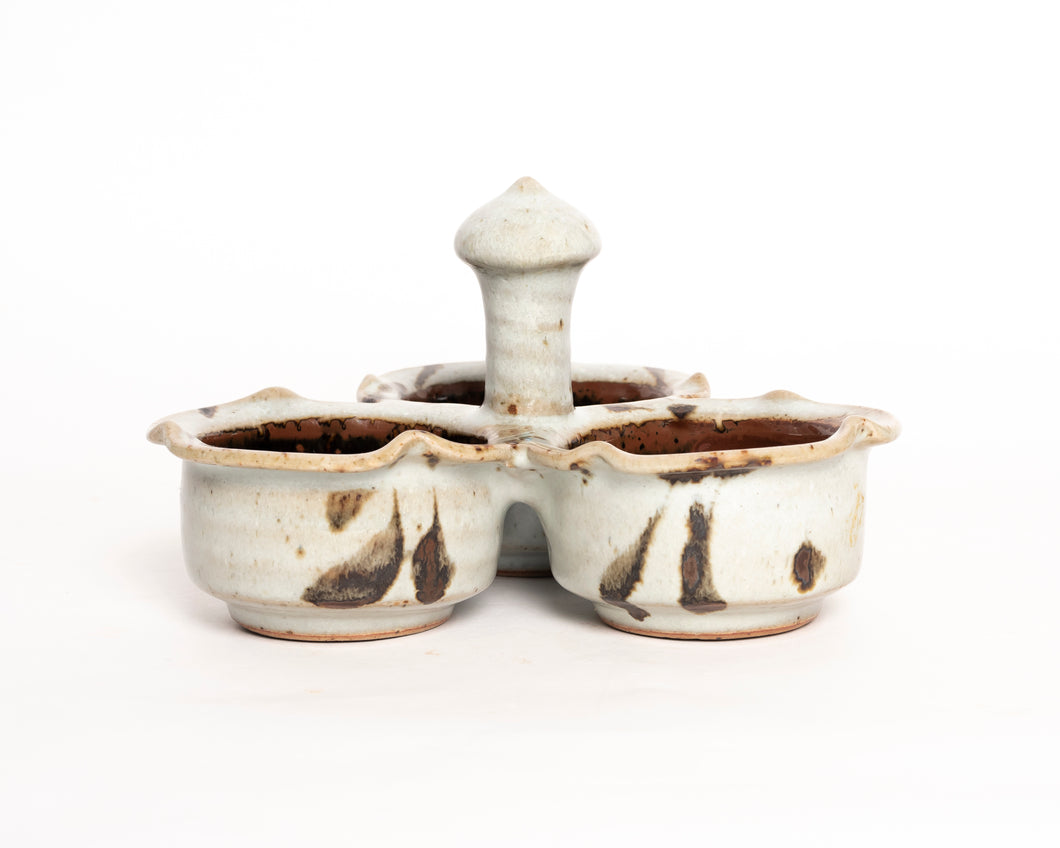 THREE COMPARTMENT STONEWARE CONDIMENT DISH