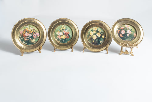 VINTAGE BRASS FRAMED FLORAL PICTURES - SET OF 4 - ENGLAND
