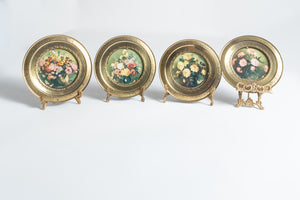 VINTAGE BRASS FRAMED FLORAL PICTURES - SET OF 4 - ENGLAND