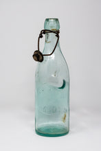 VINTAGE 9 1/2 INCH GREEN GLASS BOTTLE WITH UNUSUAL SWING TOP METAL STOPPER