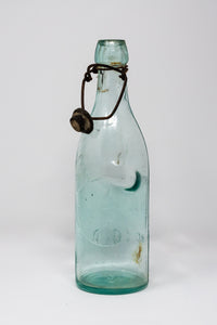 VINTAGE 9 1/2 INCH GREEN GLASS BOTTLE WITH UNUSUAL SWING TOP METAL STOPPER