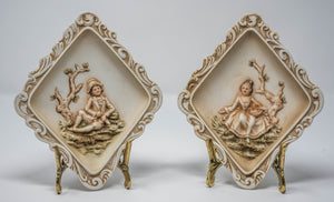 PAIR OF VINTAGE LEFTON PORCELAIN WALL PLAQUES - COLONIAL COUPLE