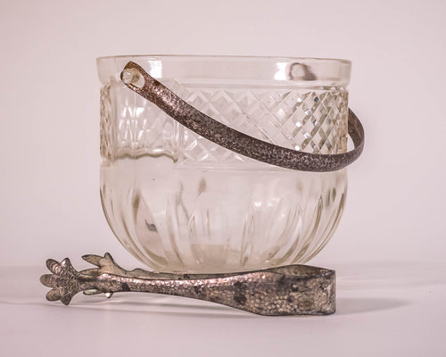 VINTAGE DIAMOND PATTERN CUT GLASS ICE BUCKET WITH TONGS
